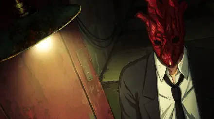 Dorohedoro's Shin in a red demon mask and suit beneath a grim industrial lamp — acid-punk, horror-aesthetic anime 5K Ultra HD desktop wallpaper.