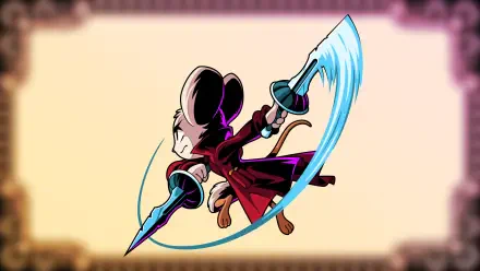 HD PC desktop wallpaper of Minna The Hollower: stylized mouse protagonist in a red cloak lunging with a glowing blade arc against a soft gradient background, video game art.