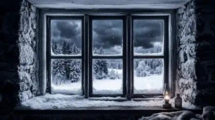 Snowy window — 5K Ultra HD PC desktop wallpaper and background showing a frosted stone sill, lit lantern, and snow-covered pines under a brooding winter sky.