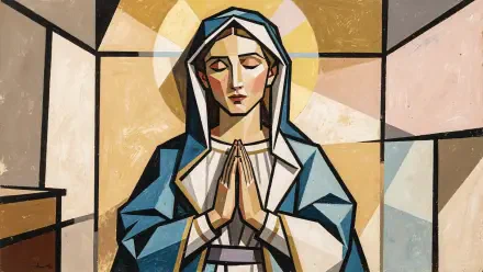 Stylized stained-glass depiction of the Virgin Mary, haloed and praying in a blue robe — 4K Ultra HD PC desktop wallpaper and background.