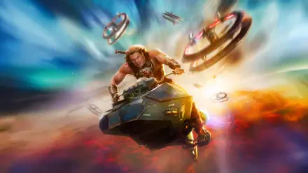 Masters of the Universe (2026) 5K Ultra HD PC wallpaper: muscular hero on a hovering bike streaks through vivid clouds as glowing rings whirl around him.