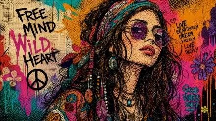 Bohemian portrait of a woman in a colorful headscarf and sunglasses amid psychedelic floral graffiti reading Free Mind Wild Heart with a peace sign — 4K Ultra HD desktop wallpaper.