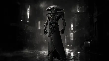 Embo (Star Wars) in 4K Ultra HD PC desktop wallpaper/background: cloaked bounty hunter in a rain-soaked neon alley, dramatic cinematic black-and-white composition.