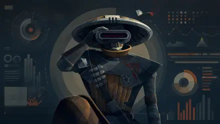 Stylized Embo (Star Wars) in a wide-brimmed hat and mask, posed before a circular halo and HUD-style data graphs — 4K Ultra HD PC desktop wallpaper.