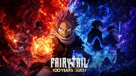 4K Ultra HD PC desktop wallpaper of Fairy Tail: 100 Years Quest — Natsu with a blazing fist and fellow guild members framed by red and blue energy, Fairy Tail logo centered at the bottom