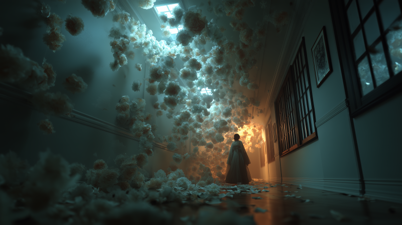 {{ 2K Quad HD PC desktop wallpaper and background: dim corridor filled with drifting white flower-like blooms, a lone silhouetted figure illuminated by warm light at the far end. 