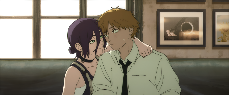 {{ Anime 2K Quad HD PC desktop wallpaper/background of Chainsaw Man characters Reze and Denji: Reze leans on Denji's shoulder in a sunlit room, close and tender, with soft warm tones. 