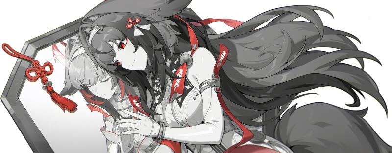 {{ HD PC desktop wallpaper of Ye Shunguang from video game Zenless Zone Zero: black-and-white portrait with red accents, long flowing hair and a mirrored reflection.