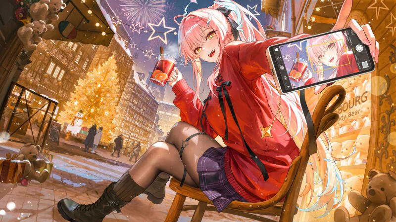 {{ Aemeath (Wuthering Waves) taking a cheerful selfie on a festive snowy street, pink-haired ARPG heroine in a red coat; 8K Ultra HD PC desktop wallpaper/background.