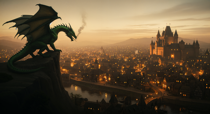 {{ 4K Ultra HD PC desktop wallpaper and background — a dragon perches on a cliff, smoke curling from its maw as it watches a glowing medieval city and castle at dusk.