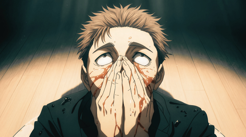 {{ Hiromi Higuruma (Jujutsu Kaisen 3rd Season) — anime close-up: hands over mouth, eyes rolled back, stark lighting. 5K Ultra HD PC desktop wallpaper. 