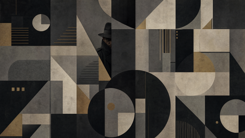 {{ Abstract geometric 4K Ultra HD PC desktop wallpaper showing a shadowy spy silhouette concealed within black, gray and beige shapes and patterns. 