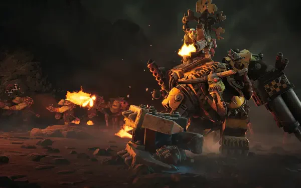 HD PC desktop wallpaper from the video game Dawn of War IV: a massive armored ogre firing flamethrowers across a smoke-filled, debris-strewn battlefield.