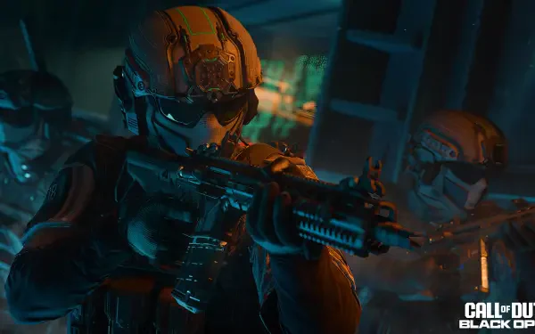 HD PC desktop wallpaper for the video game Call of Duty: Black Ops 7 showing armored Black Ops soldiers aiming rifles in a blue-lit interior.