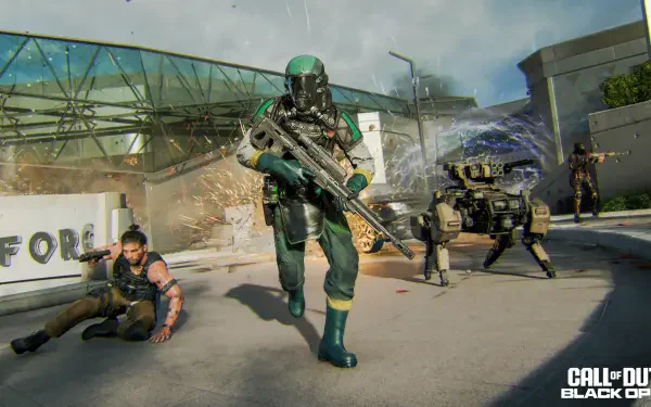 HD PC desktop wallpaper/background for the video game Call of Duty: Black Ops 7 — a sniper in futuristic armor advances with rifle, robotic dog and teammates in an urban combat scene.