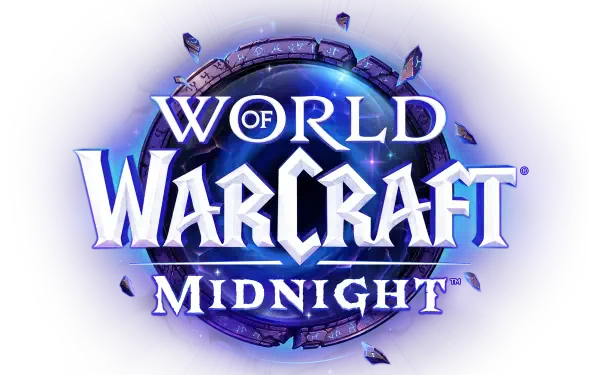 World of Warcraft: Midnight logo centered on a deep blue HD PC desktop wallpaper, featuring the game's emblem with a glowing ring and floating crystal shards.