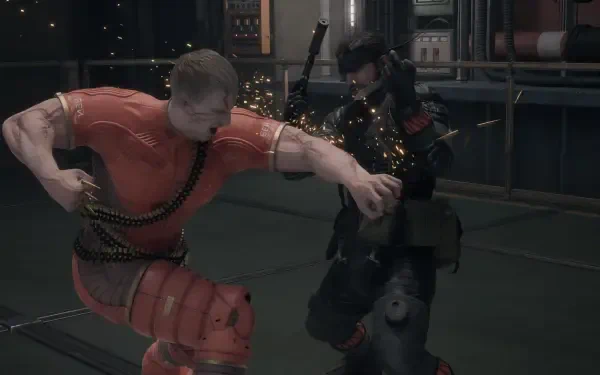 Metal Gear Solid Δ: Snake Eater video game 4K Ultra HD PC desktop wallpaper — Snake in tactical gear trades blows with an orange‑clad opponent inside a dim, industrial facility.