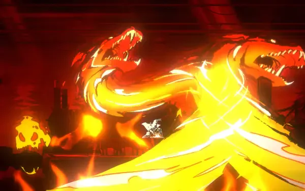 Video game SHINOBI: Art of Vengeance 4K Ultra HD PC desktop wallpaper and background, a lone shinobi confronts a blazing two-headed serpent amid red-orange flames and ruined cityscape.