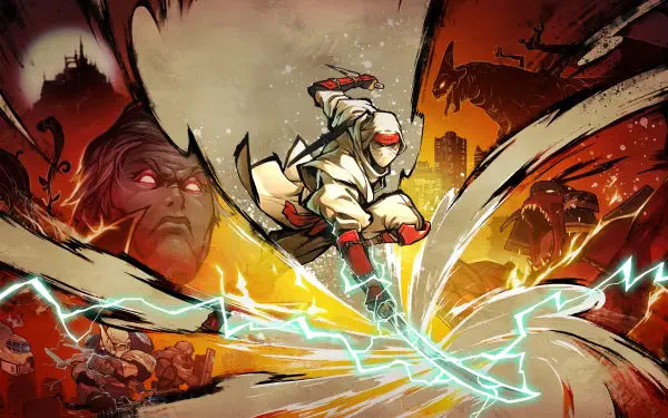 4K Ultra HD PC desktop wallpaper for the video game SHINOBI: Art of Vengeance — a ninja leaps with blades through crackling lightning against a fiery city-ruin backdrop.