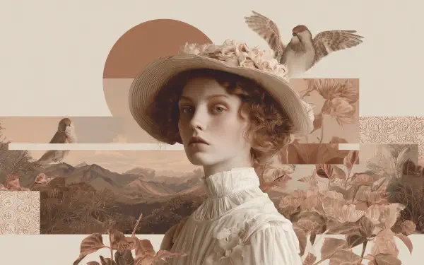 Pastel aesthetic collage HD PC desktop wallpaper: vintage woman in a wide-brim hat amid doves, faded landscapes and floral motifs.