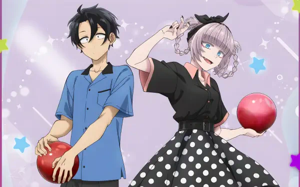 4K Ultra HD anime PC wallpaper: Call of the Night's Nazuna Nanakusa (polka-dot skirt, holding a red apple, peace sign) and Kou Yamori (blue shirt, holding an apple) on a pastel starry backdrop.