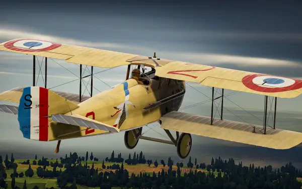 HD PC desktop wallpaper showing a yellow SPAD S.XIII biplane from the video game Aces of Thunder soaring over forests and fields.