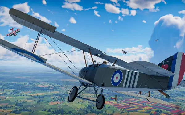 Aces of Thunder video game: WWI-style biplane in formation above patchwork fields and blue sky — HD PC desktop wallpaper and background.