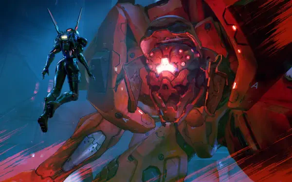 4K Ultra HD PC desktop wallpaper/background from the video game Metal Eden: a glowing red giant mech in a sci‑fi battle as a pilot in a combat suit leaps beside it.