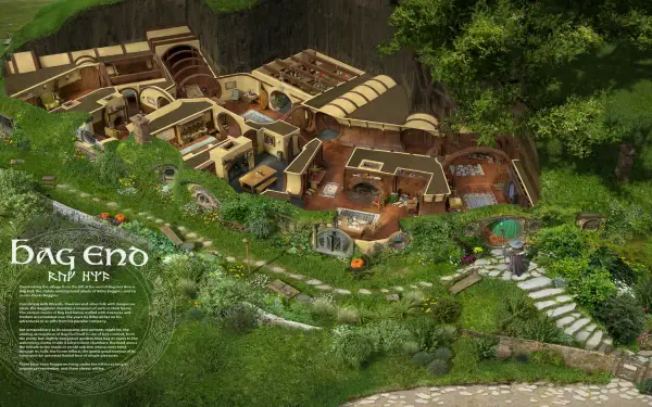 4K Ultra HD PC desktop wallpaper of Hobbiton from the movie The Lord of the Rings: panoramic cutaway of Bag End and lush green hobbit-holes nestled on a sunlit hillside.