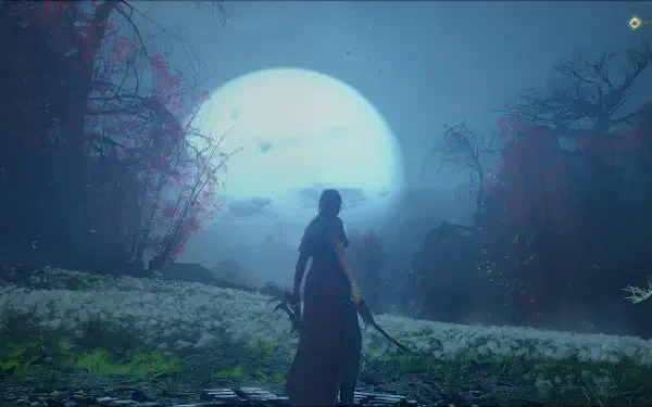 Wuchang: Fallen Feathers video game screenshot — HD PC desktop wallpaper and background of a lone swordsman silhouetted before a huge moon over misty marsh and ruined trees.
