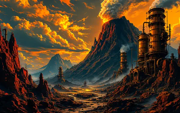 4K Ultra HD PC Desktop Wallpaper and Background: alien volcanic scene with a smoking peak, molten-orange sky, jagged red rock canyons and steam-belching industrial towers.