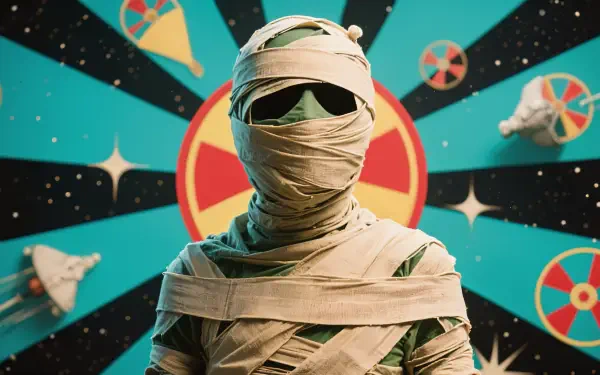 Stylized mummy wrapped in bandages and dark goggles against a retro cosmic backdrop of rockets and stars — 4K Ultra HD PC desktop wallpaper and background.