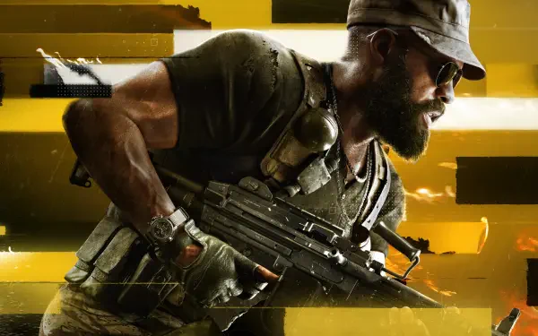 Call of Duty: Black Ops 7 4K Ultra HD PC desktop wallpaper — bearded soldier in tactical gear aiming an assault rifle against a stylized yellow-and-black background.