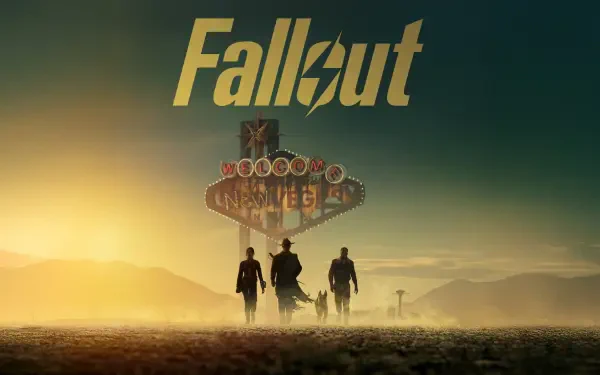 Fallout (TV Show) 4K Ultra HD PC Desktop Wallpaper and Background — three silhouetted figures and a dog walk toward a retro neon casino sign across a sunlit desert at dusk.