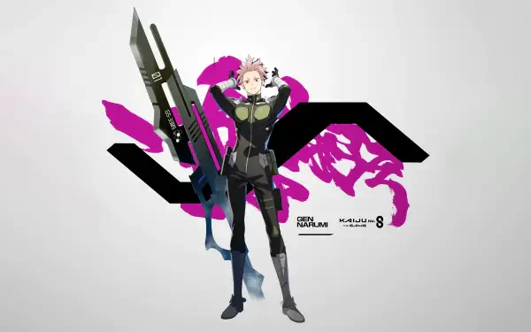 Kaiju No. 8 character in a black combat suit holding a large rocket-like weapon, magenta kaiju silhouette behind — 8K Ultra HD PC desktop wallpaper and background.