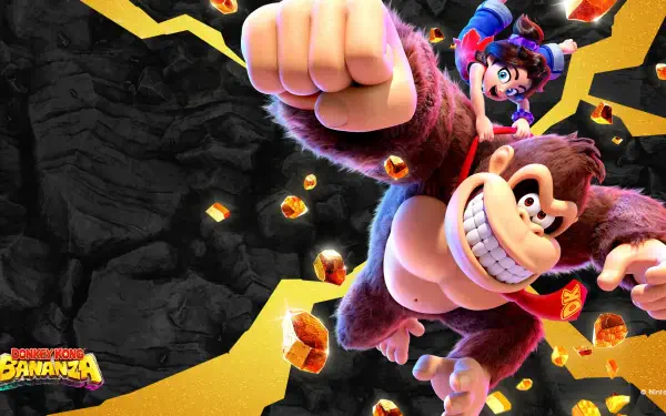Donkey Kong Bananza HD PC desktop wallpaper: Donkey Kong punches forward with Diddy Kong on his back amid floating golden gems and yellow energy cracks against a dark rocky background.