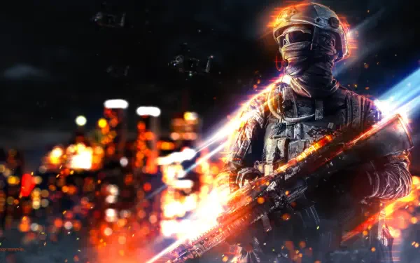 4K Ultra HD PC desktop wallpaper of a Battlefield video game soldier from Battlefield 6, armed in tactical gear amid a fiery cityscape with helicopters overhead.