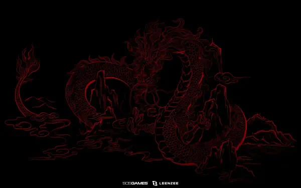 HD PC desktop wallpaper for the video game Wuchang: Fallen Feathers showing a red, neon-lined Chinese dragon coiled around a circular emblem on a black background.
