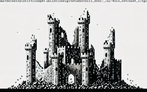 4K Ultra HD PC desktop wallpaper background showing a ruined castle with crumbling towers and scattered rubble in stark monochrome.