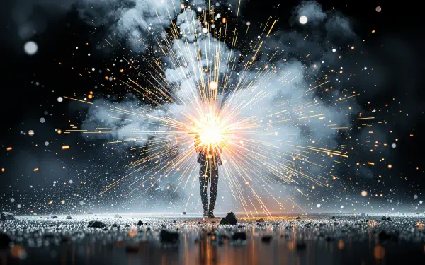 Silhouetted figure casting a radiant light spell, sparks and mist bursting outward over a reflective surface — dramatic 4K Ultra HD PC desktop wallpaper and background.