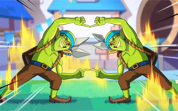 HD PC desktop wallpaper and background of Clash Royale goblins — two green goblins mirrored, fist-bumping before a castle with action lines and flames. Mobile game by Supercell.