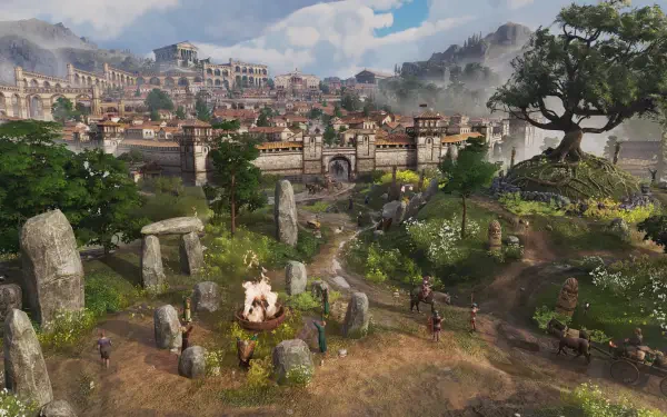 4K Ultra HD PC desktop wallpaper from the video game Anno 117: Pax Romana — panoramic medieval cityscape with stone circle, riverside walls, rolling hills and a lone tree.