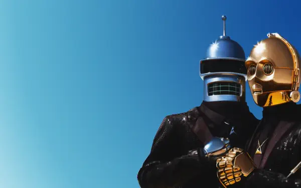 4K Ultra HD desktop wallpaper showing Bender (Futurama) wearing a Daft Punk–style helmet and a C-3PO (Star Wars) golden droid clasping hands against a clear blue sky.