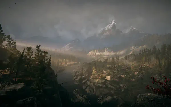 HD PC desktop wallpaper from the video game Alkahest: misty, mountainous valley at dawn with forests, rocky outcrops and a distant snow-capped peak under an overcast sky.