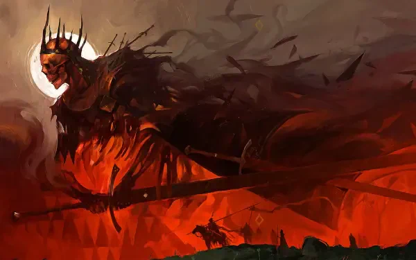 4K Ultra HD PC desktop wallpaper for the video game Tainted Grail: The Fall of Avalon — a towering crowned shadow-knight wreathed in flame, brandishing a massive sword over a ravaged red landscape.