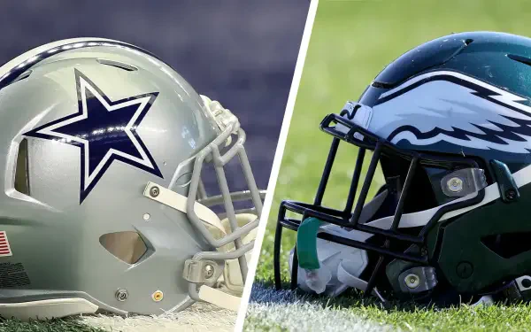HD PC desktop wallpaper: split image of Dallas Cowboys and Philadelphia Eagles football helmets facing each other on the field.