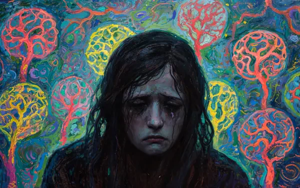 Depressed 4K Ultra HD PC desktop wallpaper and background: a tear‑streaked young woman framed by glowing, brain‑like floral orbs against a turbulent blue‑green backdrop.