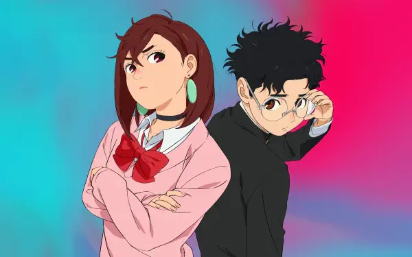 Dandadan anime duo back-to-back on a blue-to-pink gradient, 4K Ultra HD PC desktop wallpaper and background.