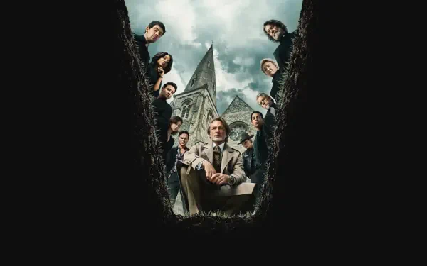 HD PC desktop wallpaper for the movie Wake Up Dead Man: A Knives Out Mystery — characters peer down into a grave at a seated man with a church spire rising behind them.