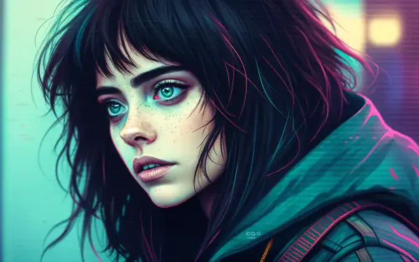 4K Ultra HD PC desktop wallpaper and background of an emo girl — close-up portrait with dark hair, teal eyes, freckles, and neon-lit moody tones.